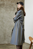 Grey Blue Double Breasted Long Trench Coat with Belt