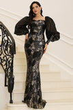 Black Square Neck Sequins Long Prom Dress