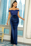 Royal Blue Off the Shoulder Sequin Sheath Long Prom Dress