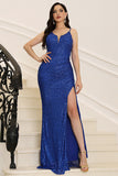 Royal Blue Spaghetti Straps Sequin Long Prom Dress With Slit
