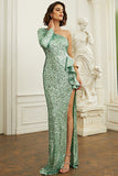 One Shoulder Green Sequin Prom Dress With Ruffles