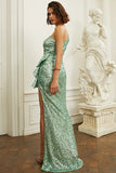 One Shoulder Green Sequin Prom Dress With Ruffles