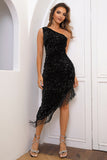 Black One Shoulder Sequin Homecoming Dress With Tassels