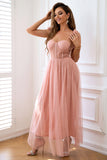 Pink A Line Corset Spaghetti Straps Prom Dress