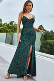 Green Sheath Sparkly Spaghetti Straps Prom Dress With Slit