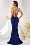 Mermaid Royal Blue Halter Sparkly Long Prom Dress With Slit