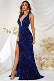 Mermaid Royal Blue Halter Sparkly Long Prom Dress With Slit