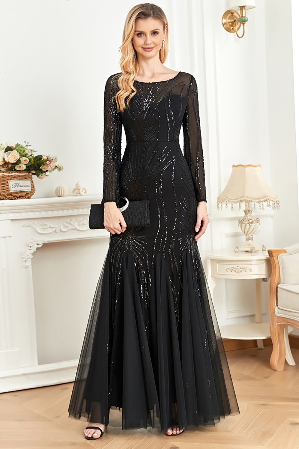 ZAPAKA Women Black Mother of the Bride Dress with Long Sleeves Mermaid Sequins Boat Neck Wedidng Guest Dress, Black / 2XL ZAPAKA Women Black Mother of the Bride Dress with Long Sleeves Mermaid Sequins Boat Neck Wedidng Guest Dress, Black / 2XL