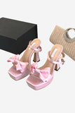 Pink Chunky High Heel Sandals with Bow