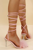 Pink Feathers Pointed Toe Stiletto Sandals with Lace-up