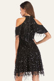 Black A-Line Stand-Up Collar Cold Shoulder Tassel Sequin Halloween Party Dress