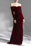 Burgundy Velvet Off the Shoulder Long Sleeves Floor Length Evening Dress
