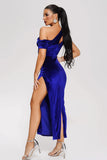 Royal Blue Off the Shoulder Velvet Holiday Party Dress with Hollow-out