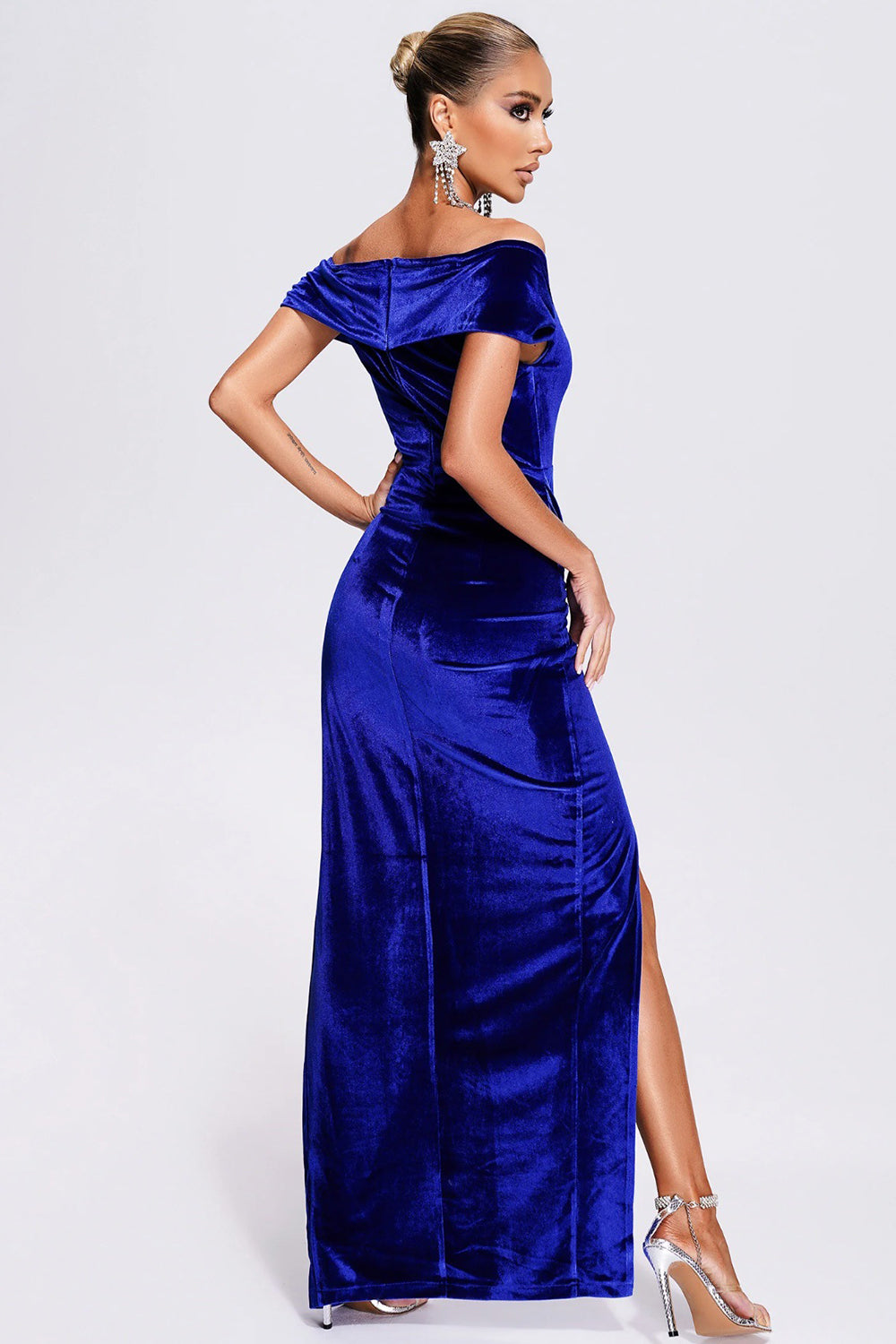 Off the Shoulder Royal Blue Velvet Holiday Party Dress with Slit