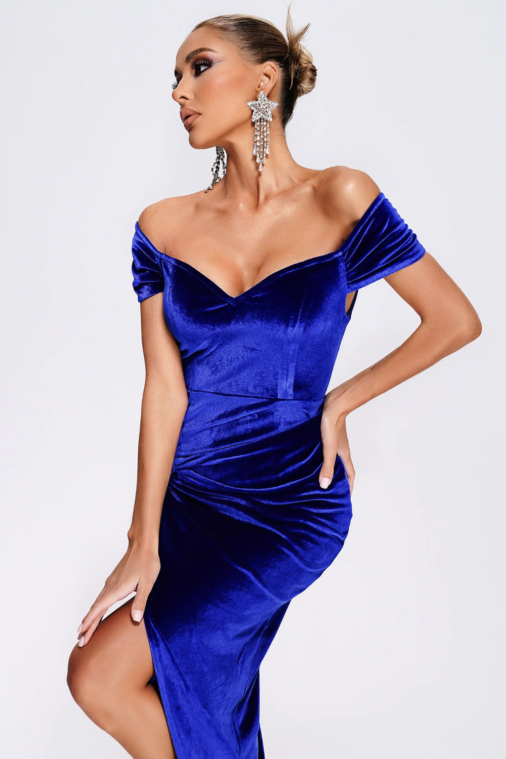 Off the Shoulder Royal Blue Velvet Holiday Party Dress with Slit