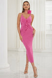 Hot Pink Bodycon Velvet Holiday Party Dress with Flower