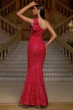 Hot Pink Sparkly Mermaid One Shoulder Prom Dress