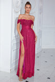 Sparkly Fuchsia Off The Shoulder Prom Dress with Slit
