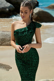 Mermaid Sequins One Shoulder Dark Green Prom Dress