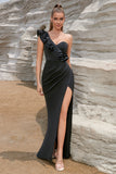 Mermaid One Shoulder Ruffle Black Formal Dress With High Slit