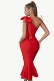 Red One Shoulder Mermaid Cocktail Dress with Bow Knot
