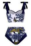 High Waist Printed Dark Blue 3 Piece Swimwear Set with Beach Dress