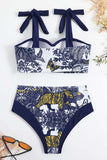 High Waist Printed Dark Blue 3 Piece Swimwear Set with Beach Dress