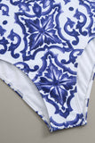 Blue and White Porcelain Printing High Waist One Piece Swimwear