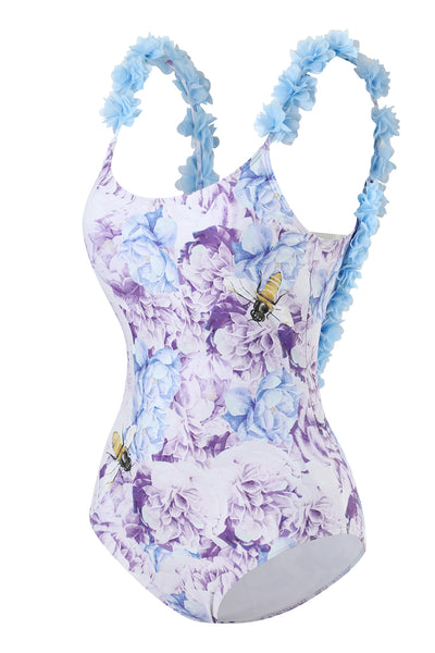 Zapaka Women Blue Printed High Waist One Piece Swimwear with Flowers ...