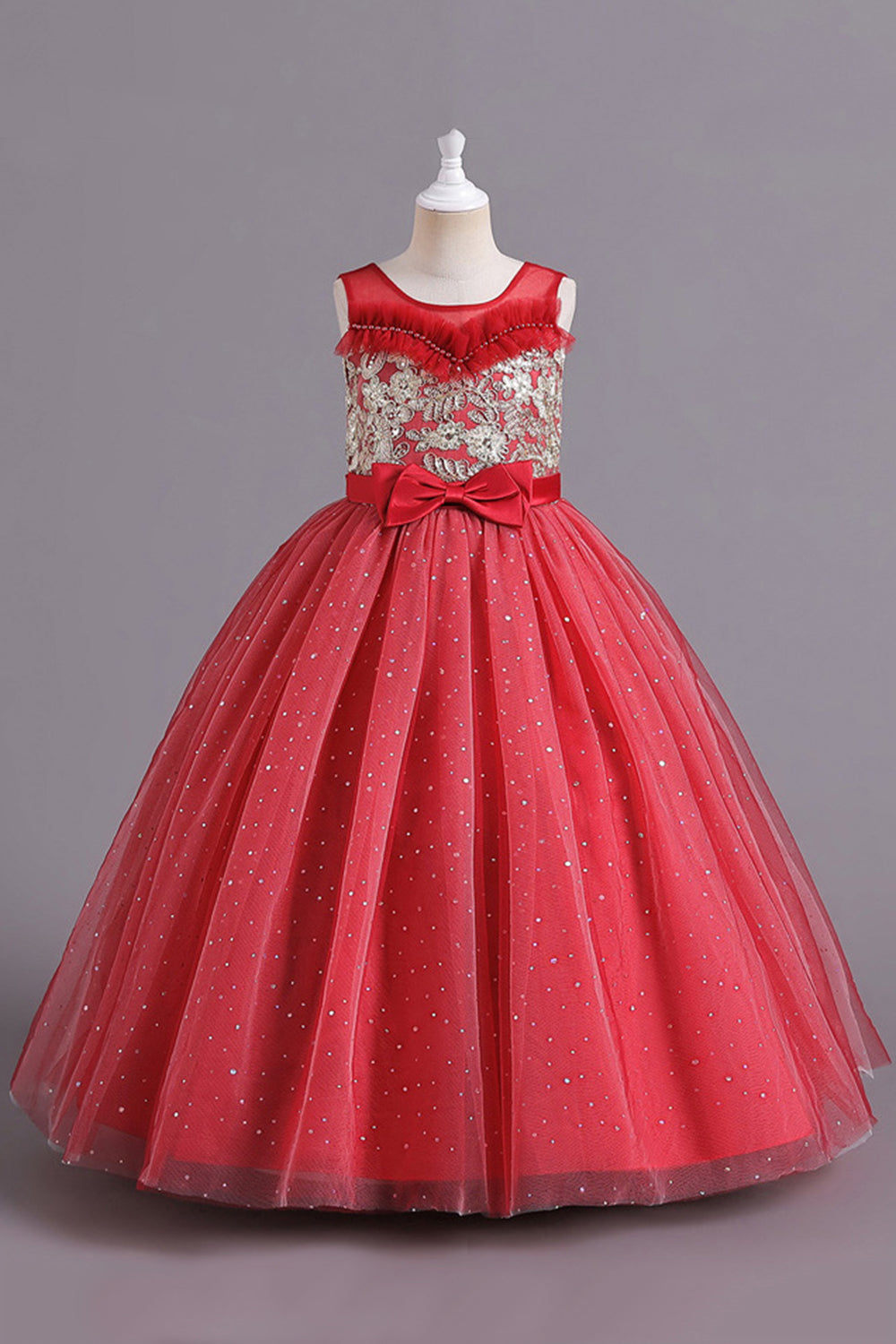 Red A Line Beaded Girls' Dress With Bow