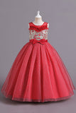 Red A Line Beaded Girls' Dress With Bow