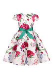 Blue Floral Girls' Dress with Bowknot