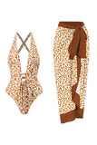 One Piece Leopard Print Brown Bikini Set with Beach Skirt