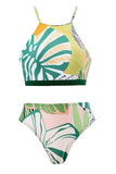 Two Piece Green Printed Bikini Set with Beach Skirt