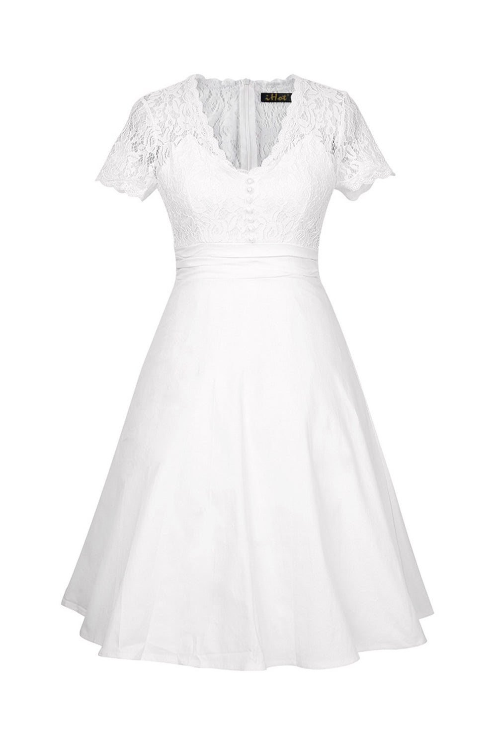 White Solid V-neck 1950s Dress with Lace