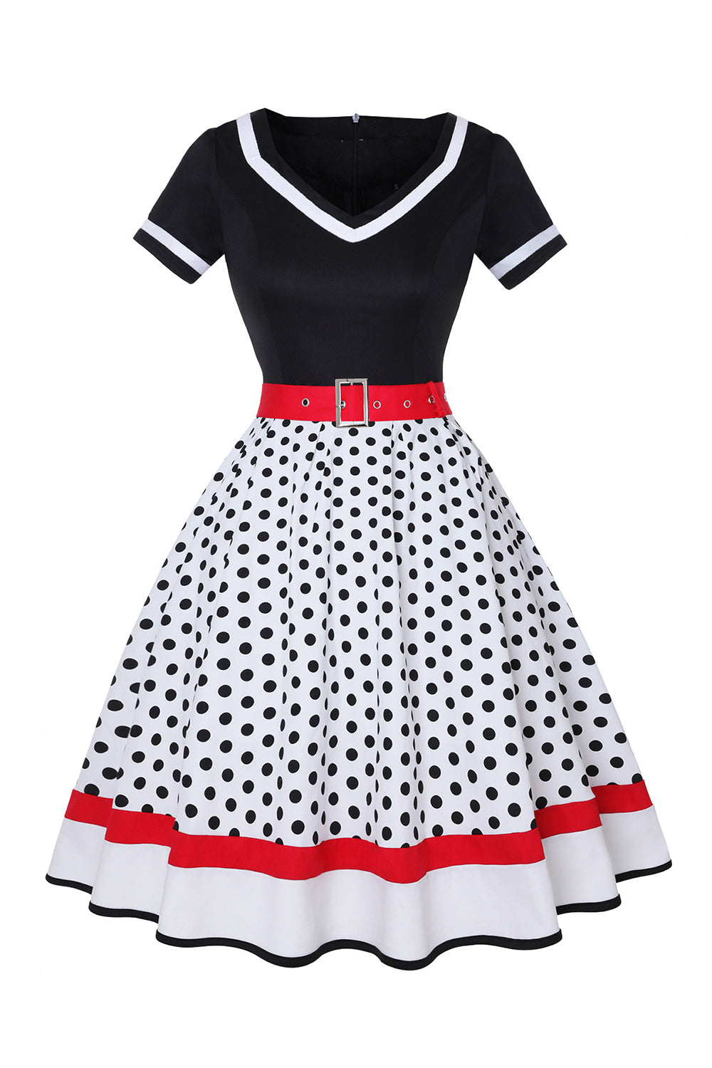 Black V-neck Polka Dots 1950s Dress
