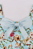 Blue Flower Spaghetti Straps 1950s Dress With Bow