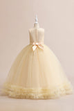 Champagne Tulle A Line Girl Dress with Embroidery