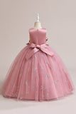 Pink Tulle Sleeveless Girl Dress with Appliques