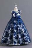 Blue Flower Tulle Long Girls' Dress With Ruffles