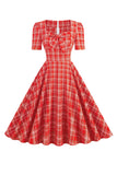 Green Plaid Short Sleeves 1950s Dress With Bowknot