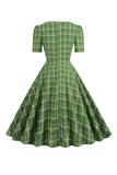 Green Plaid Short Sleeves 1950s Dress With Bowknot