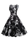 Black V Neck Print Sleeveless 1950s Dress