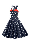 Red Stars Printed Halter 1950s Dress