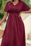 Burgundy Flutter Sleeve V-Neck Summer Dress