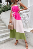 Color Contrast Spaghetti Strap Fuchsia Long Summer Dress With Belt
