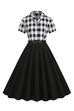 V-Neck Short Sleeves Plaid Black 1950s Dress with Belt