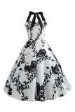 Halter Printed White 1950s Dress with Button