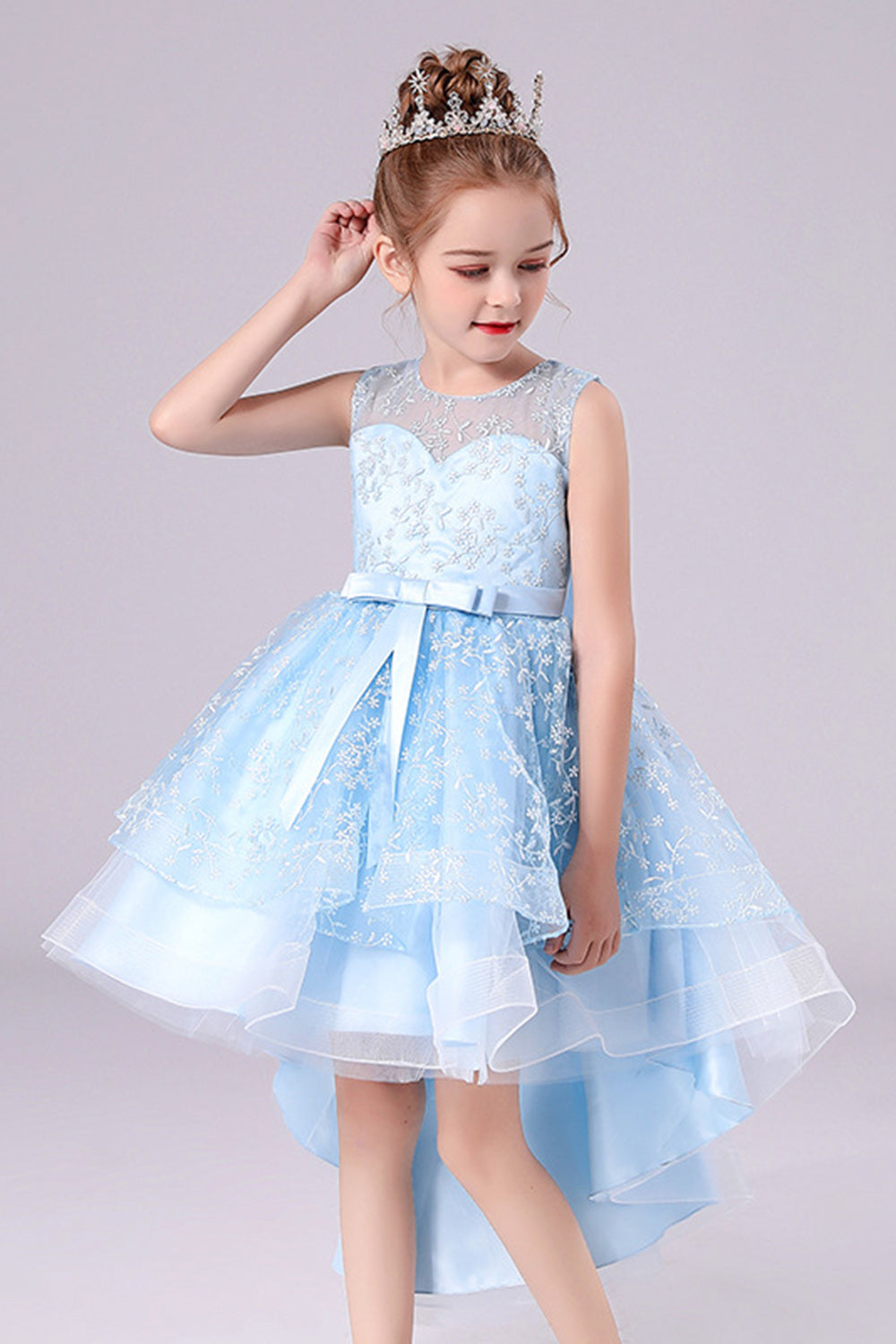 White High-low Flower Girl Dress with Bow