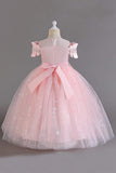 Pink Off the Shoulder A Line Flower Girl Dress with Bow